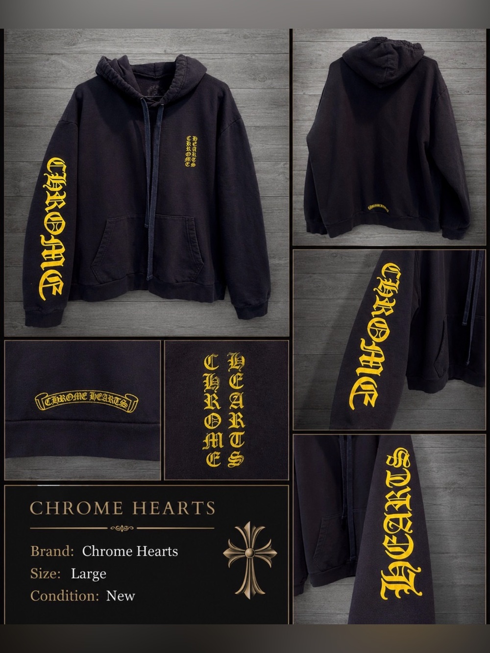 Authentic Chrome Hearts Navy & Yellow Script Logo | Designer Hoodie | Large